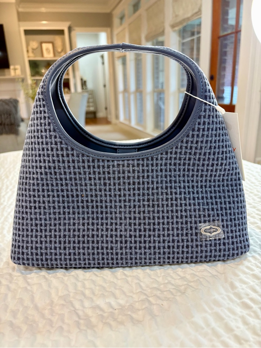 orYANY Navy Woven Top-Handle Handbag New With Tags Trendy Chambray Style Perfect